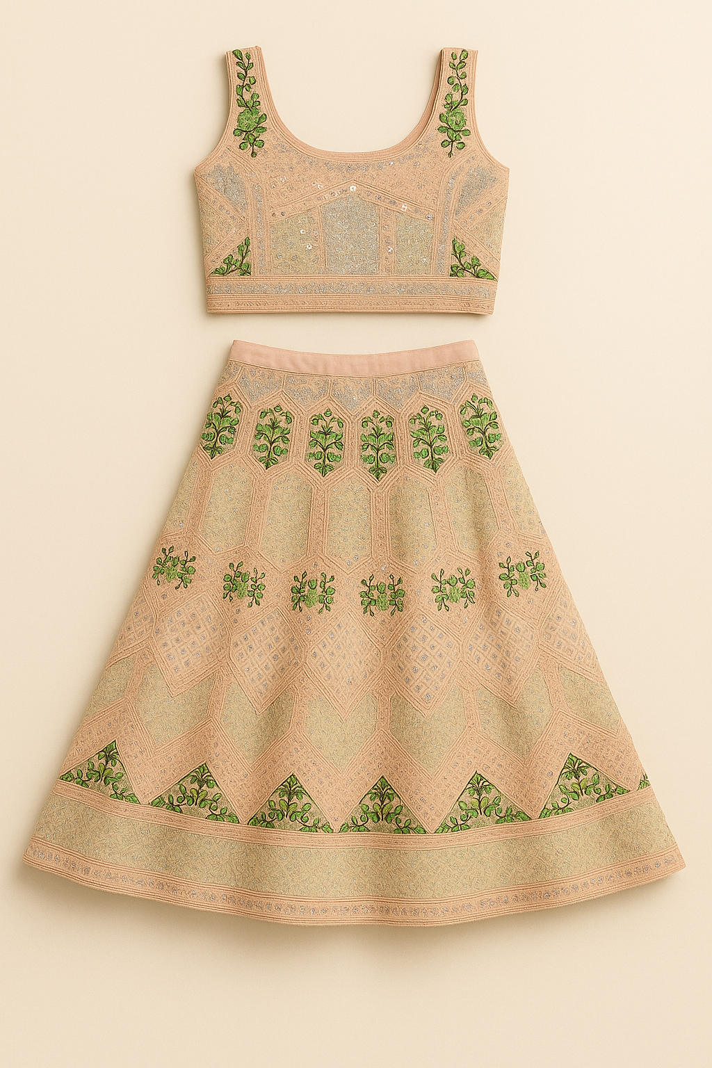 Pastel Peach Green Embroidered Lehenga