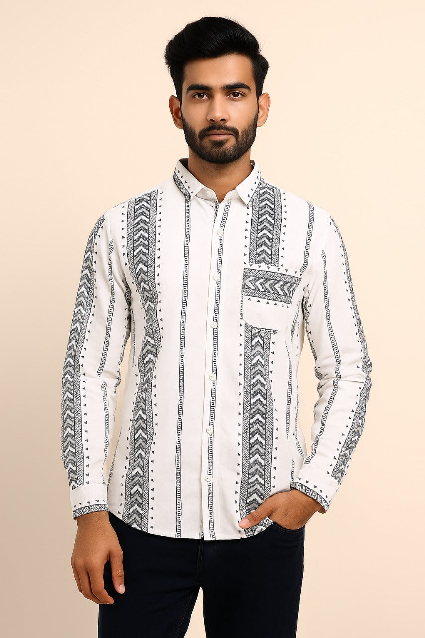 Men’s White Cotton Shirt with Black Embroidery