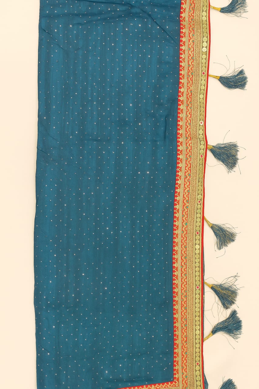 Elegant Blue Silk Saree with Golden Embroidery and Tassel Detailing