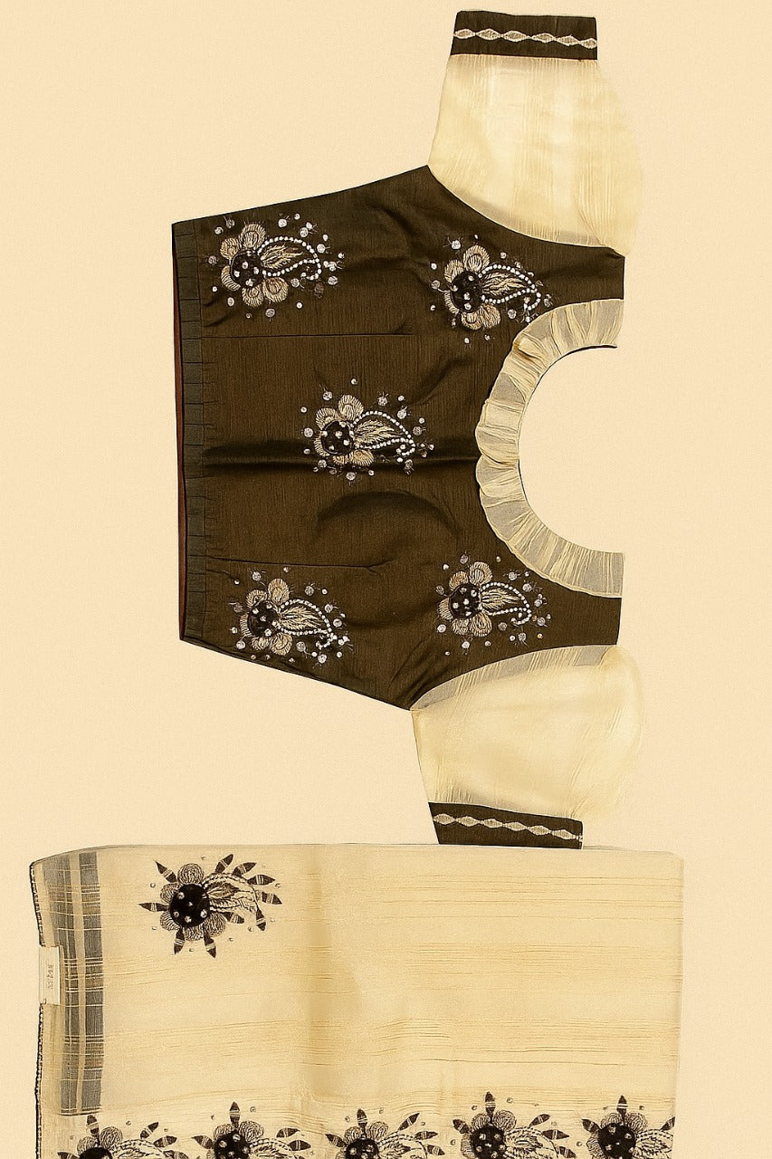 Classic Off-White Silk Saree with Striking Black Embroidery