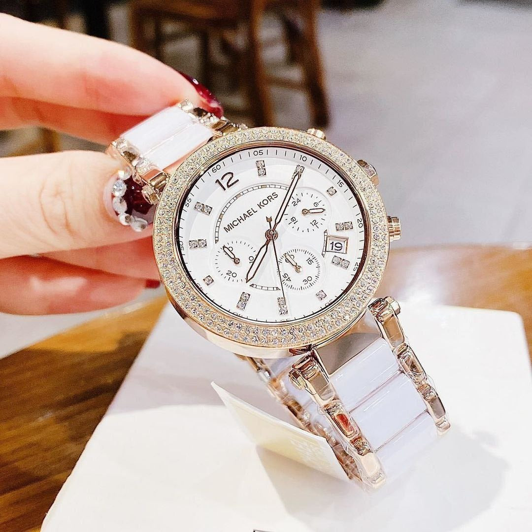 Michael Kors Women's Parker Chronograph Watch – White Ceramic & Rose Gold