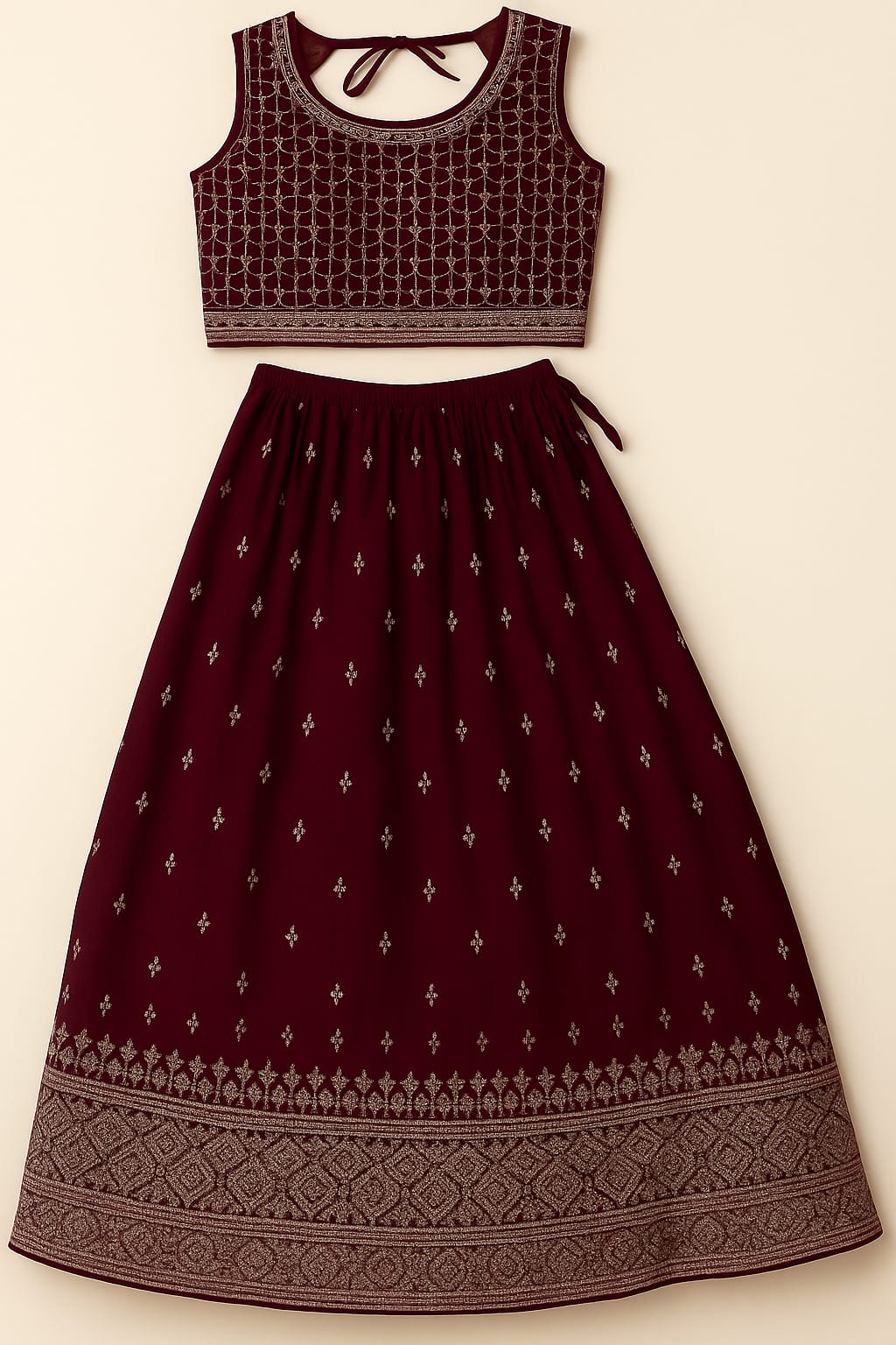 Maroon Embroidered Sleeveless Lehenga Set