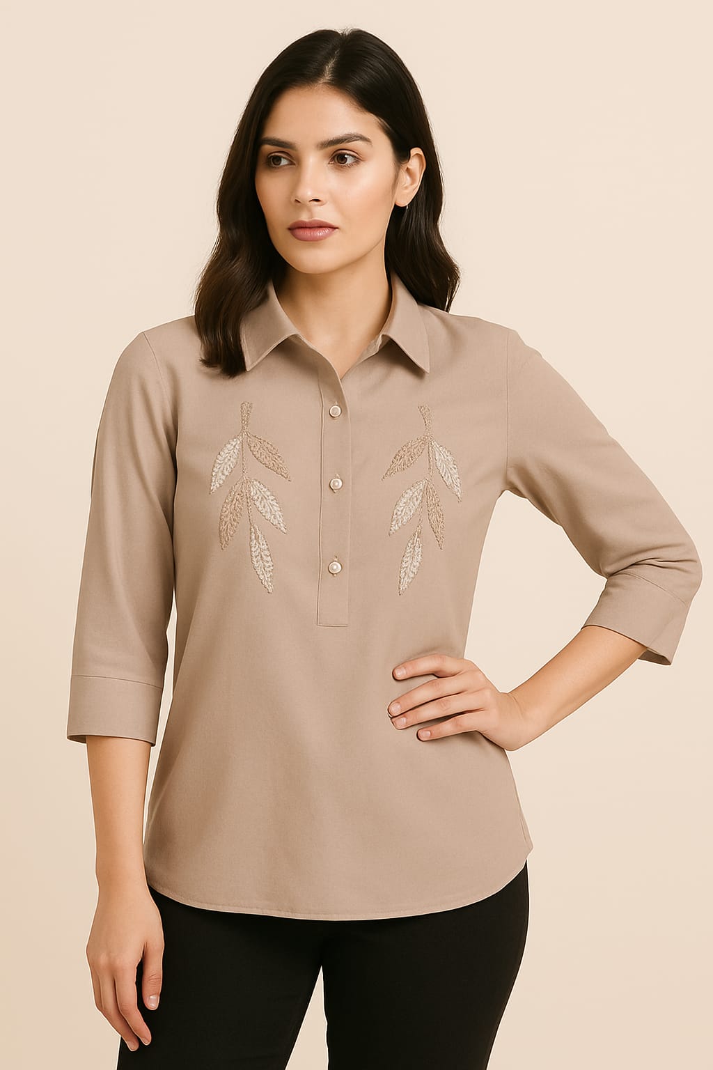 Beige Bloom Embroidered Shirt