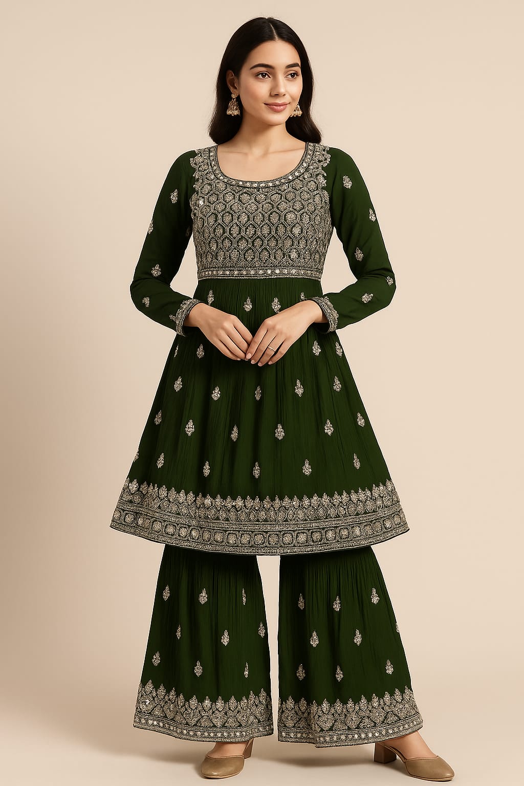 Bottle Green Embroidered Cotton Kurti with Sharara Pants