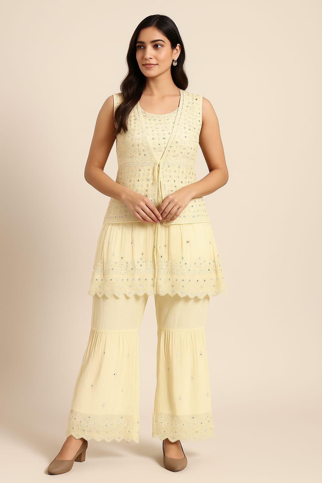 Sleeveless Yellow Cotton Kurti with Sharara Pants