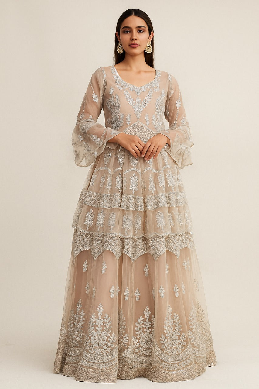 Elegant Beige Embroidered Lehenga