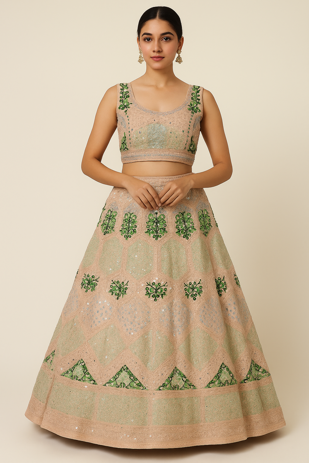 Pastel Peach Green Embroidered Lehenga