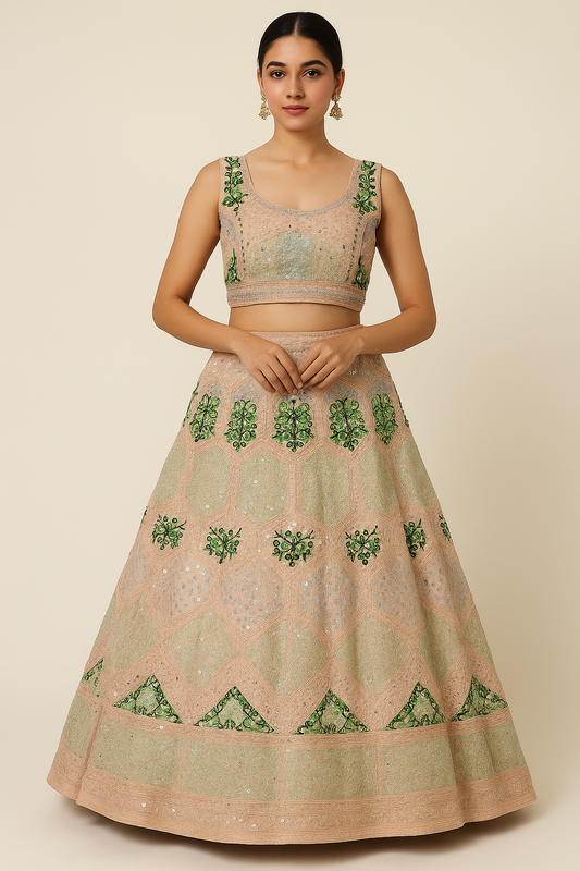 Pastel Peach Green Embroidered Lehenga