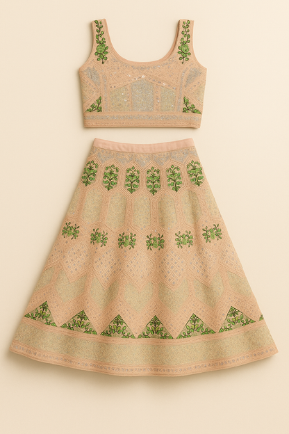 Pastel Peach Green Embroidered Lehenga