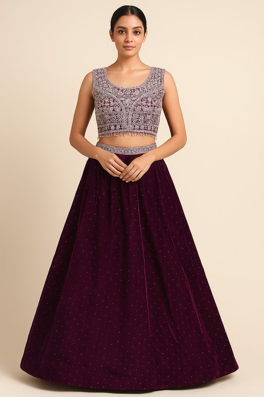 Plum Embroidered Blouse Lehenga Set