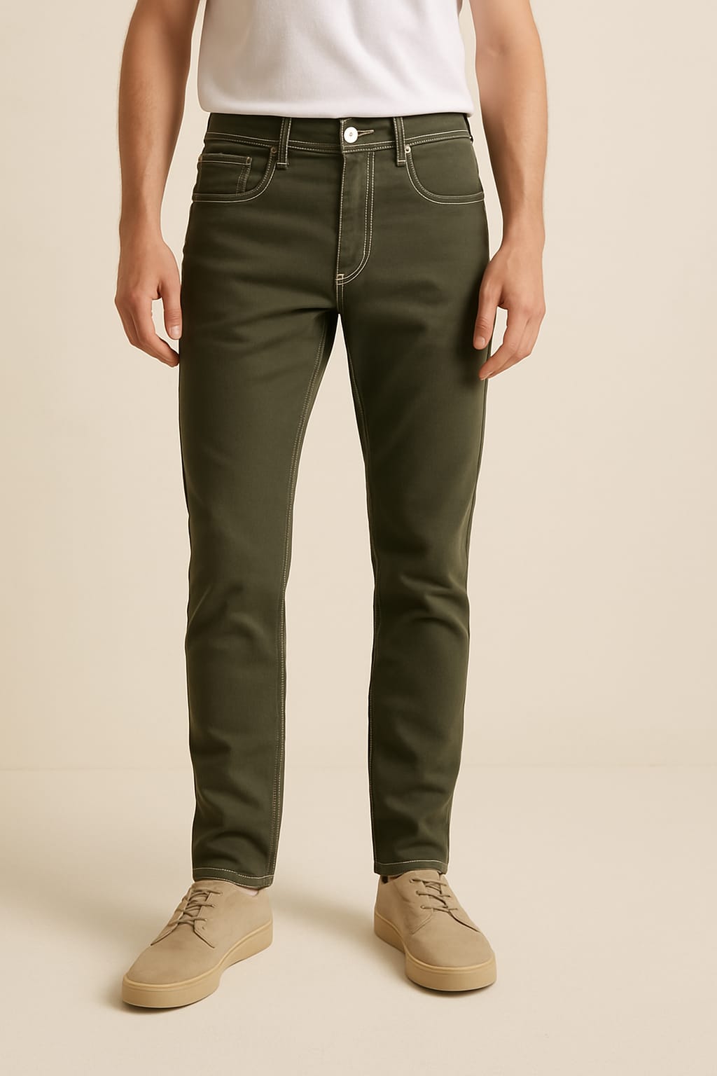 Olive Green Slim Fit Stretch Jeans with Contrast Stitching