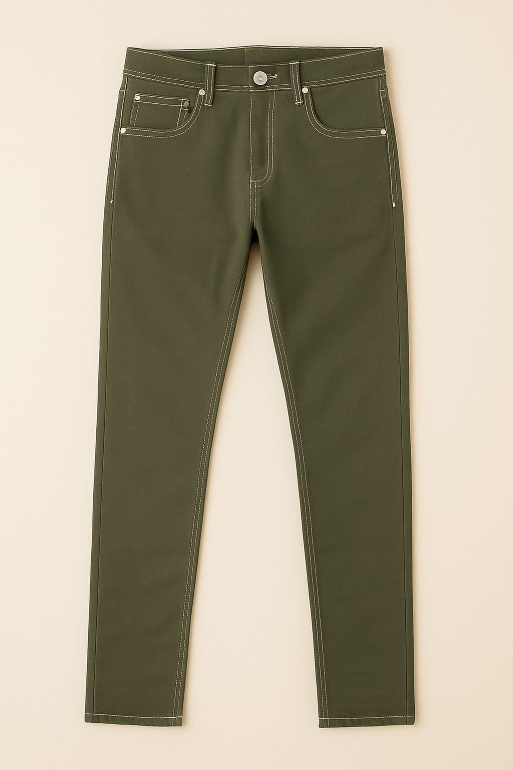 Olive Green Slim Fit Stretch Jeans with Contrast Stitching