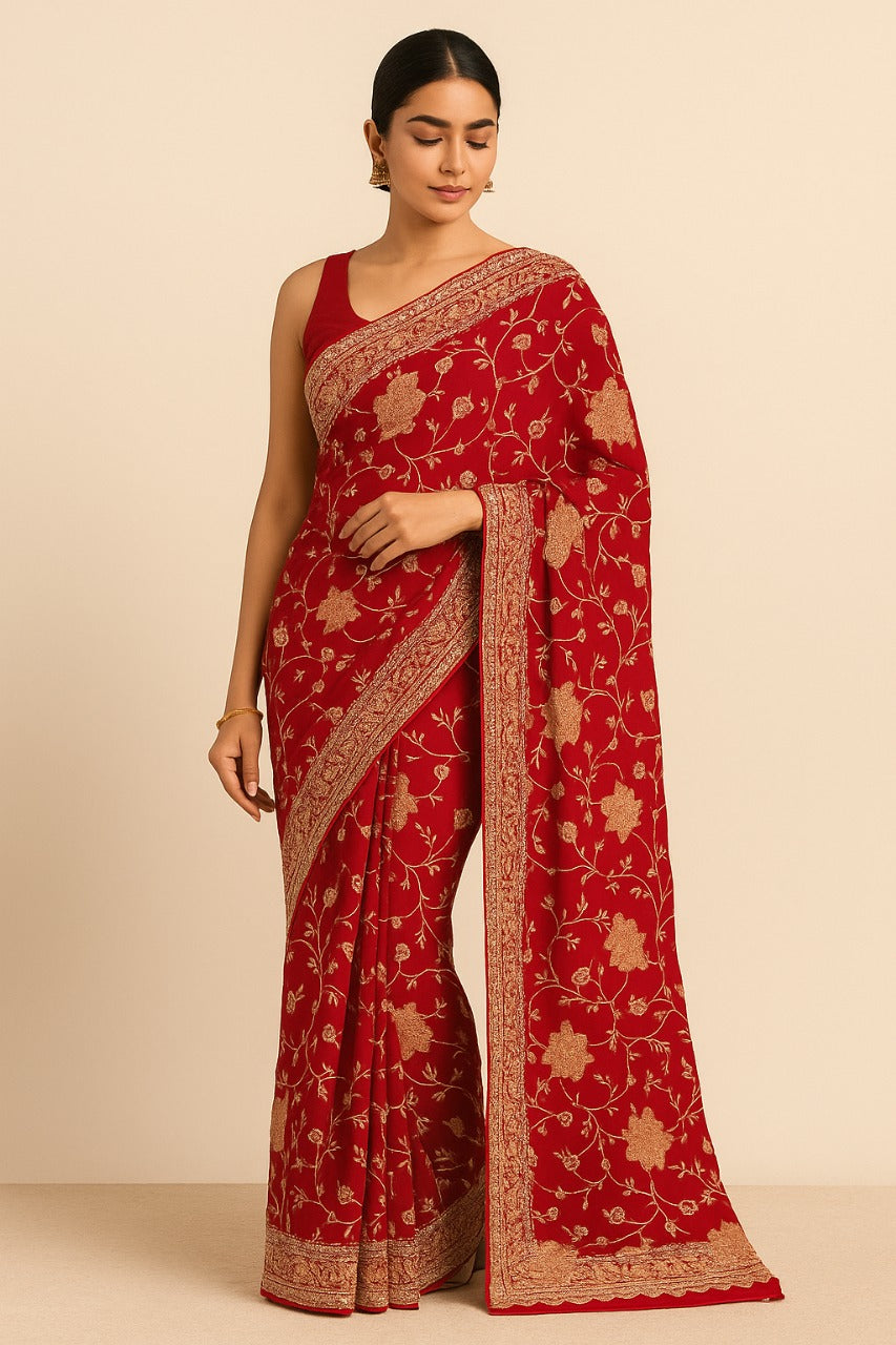 Women's Red Embroidered Saree – Royal Bloom Edition
