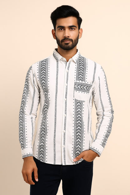 Men’s White Cotton Shirt with Black Embroidery