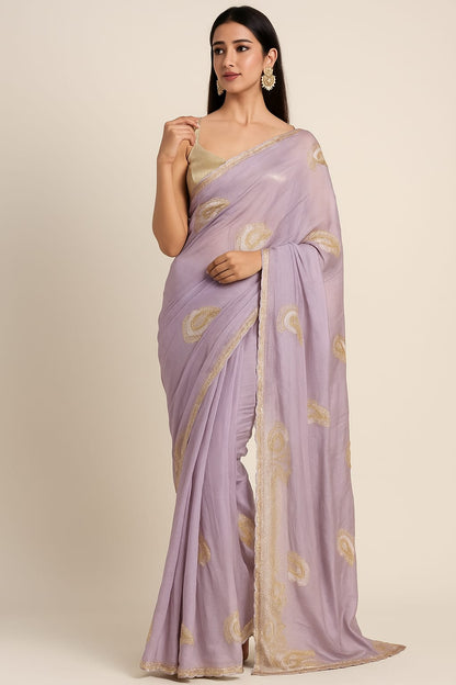 Graceful Violet Silk Saree with Golden Embroidery