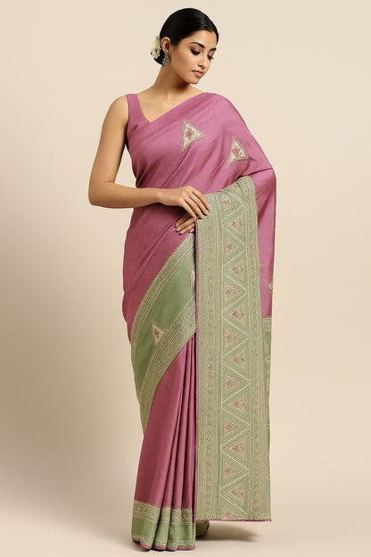 Graceful Pink Silk Saree with Intricate Golden Embroidery