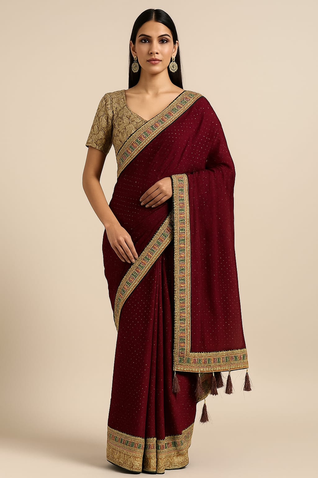 Majestic Maroon Silk Saree with Golden Embroidery
