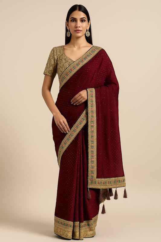 Majestic Maroon Silk Saree with Golden Embroidery