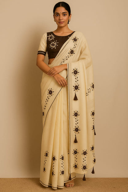 Classic Off-White Silk Saree with Striking Black Embroidery