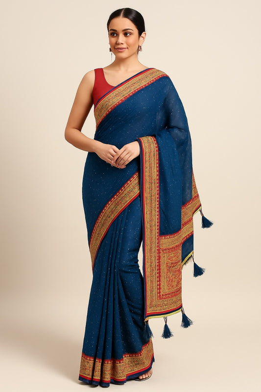 Elegant Blue Silk Saree with Golden Embroidery and Tassel Detailing