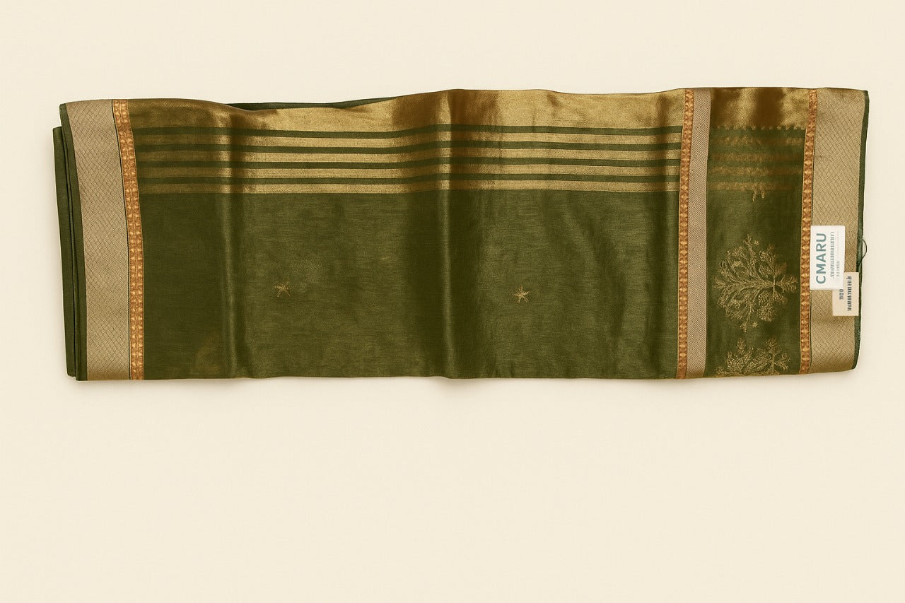 Regal Sap Green Silk Saree with Elegant Golden Embroidery
