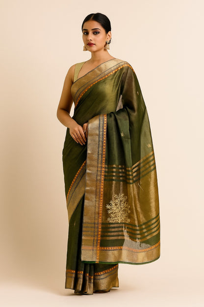 Regal Sap Green Silk Saree with Elegant Golden Embroidery