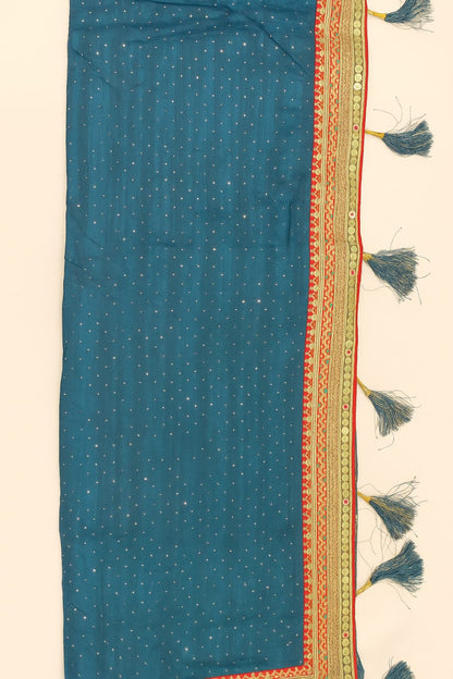 Elegant Blue Silk Saree with Golden Embroidery and Tassel Detailing