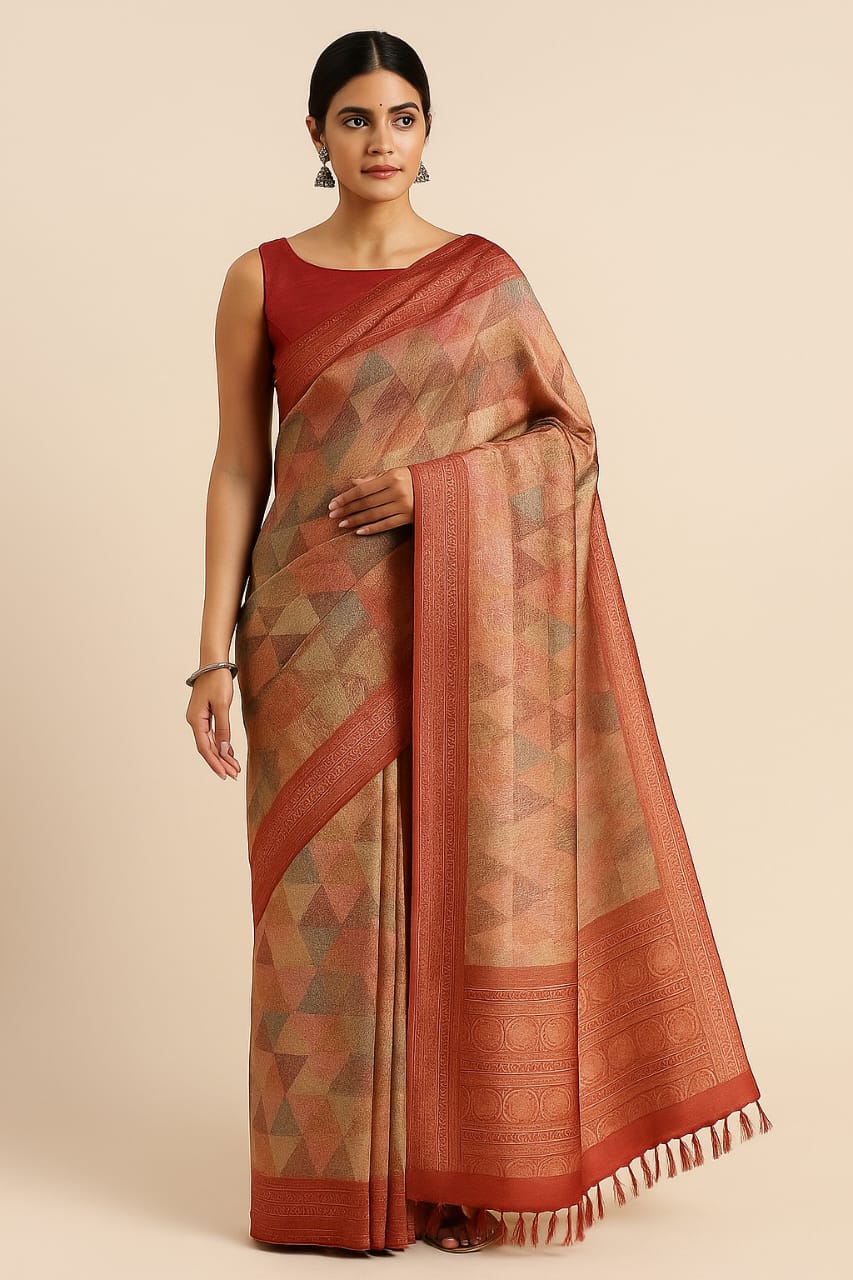 Graceful Maroon Red Silk Saree with Golden Geometric Embroidery