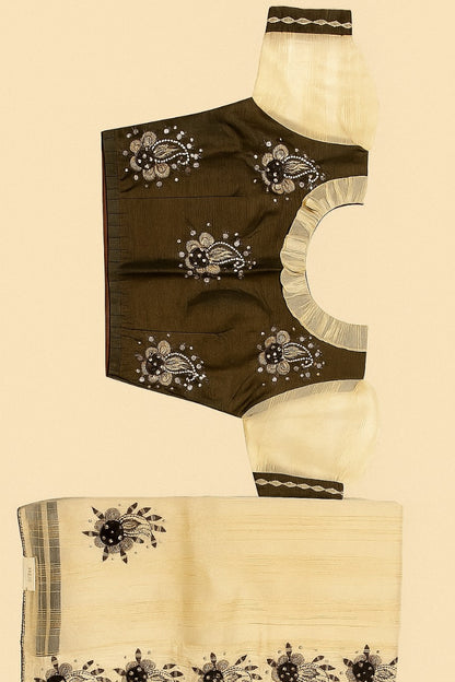 Classic Off-White Silk Saree with Striking Black Embroidery