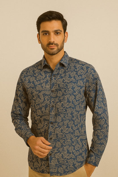 Men's Blue Printed Cotton Shirt