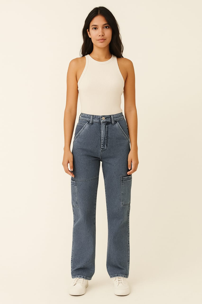 Women's Ice Blue Cargo Denim Jeans