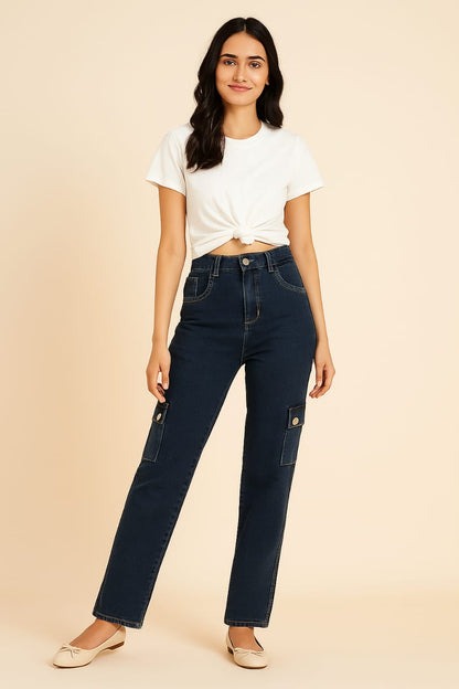 Women's Blue Cotton Cargo Jeans