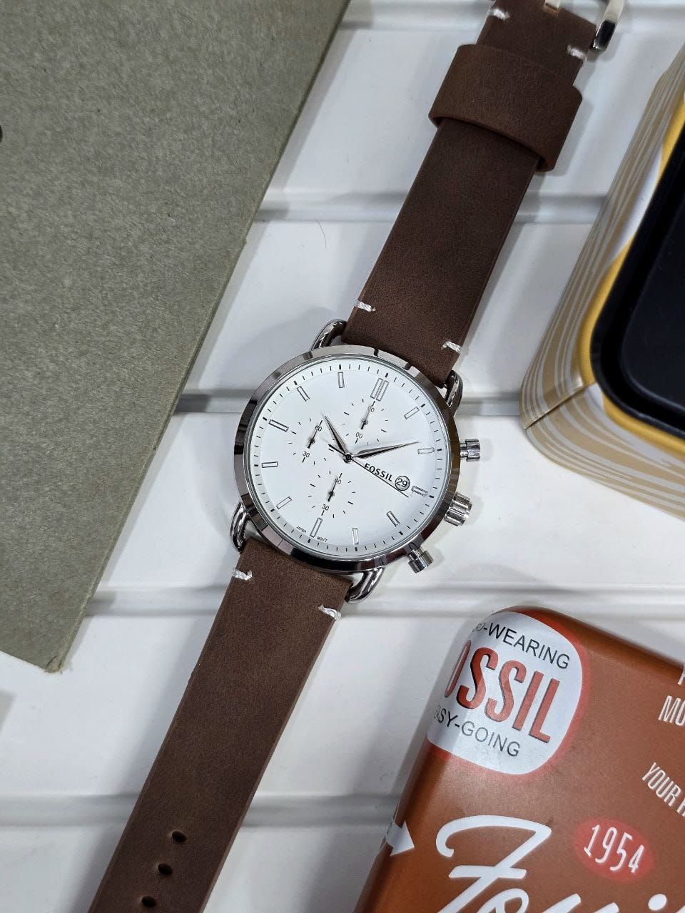 Fossil Men's Chronograph Watch – 5A Premium Collection Classic Silver Dial with Rich Brown Leather Strap | 43mm