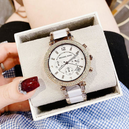 Michael Kors Women's Parker Chronograph Watch – White Ceramic & Rose Gold