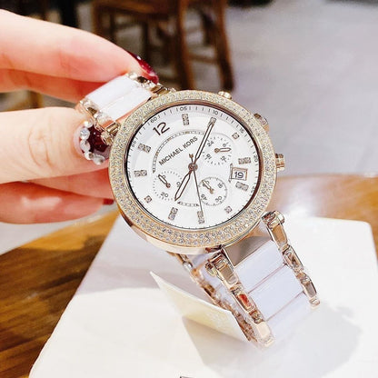 Michael Kors Women's Parker Chronograph Watch – White Ceramic & Rose Gold