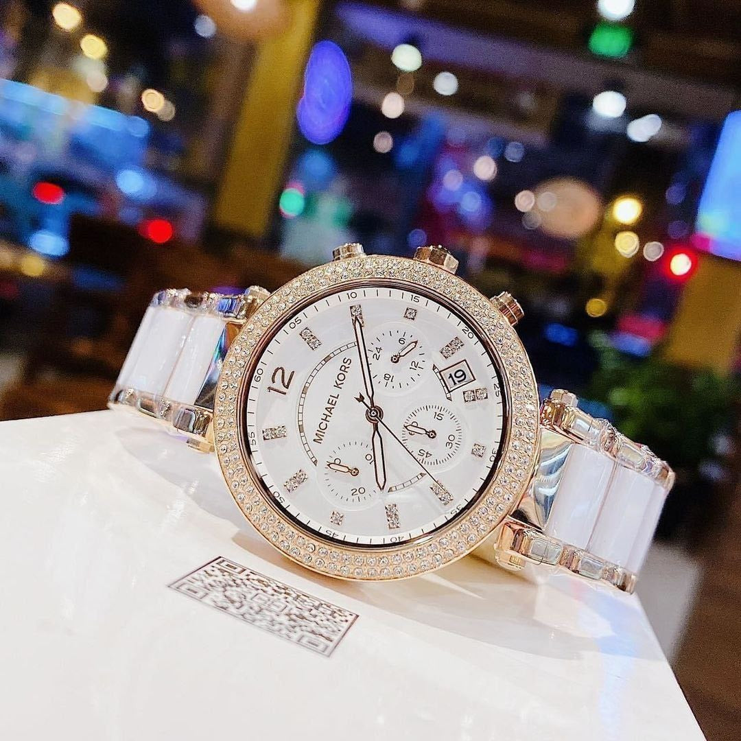 Michael Kors Women's Parker Chronograph Watch – White Ceramic & Rose Gold