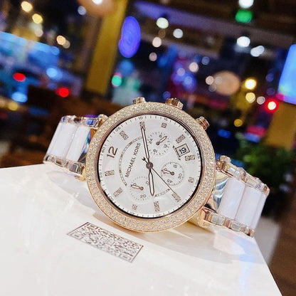 Michael Kors Women's Parker Chronograph Watch – White Ceramic & Rose Gold