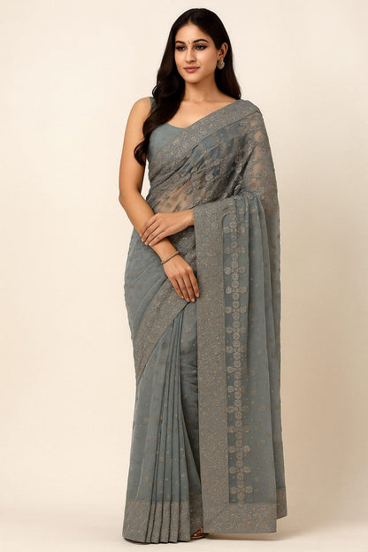 Celestial Charm Dusty Blue Saree