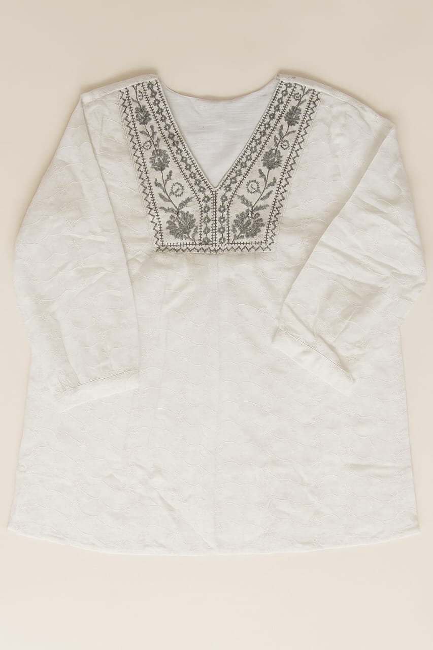 Elegant White Cotton Kurti with Grey Embroidery