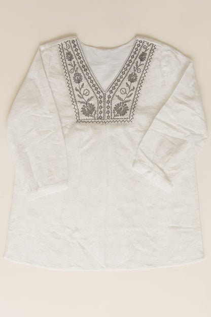 Elegant White Cotton Kurti with Grey Embroidery