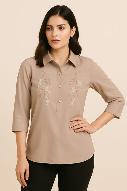 Beige Bloom Embroidered Shirt