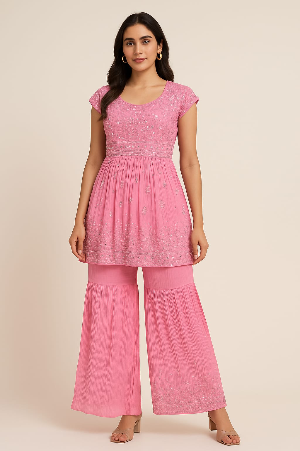 Pink Embroidered Cotton Kurti with Flared Pants