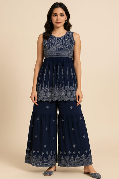 Women’s Blue Cotton Kurti with Palazzo – Elegant & Comfortable