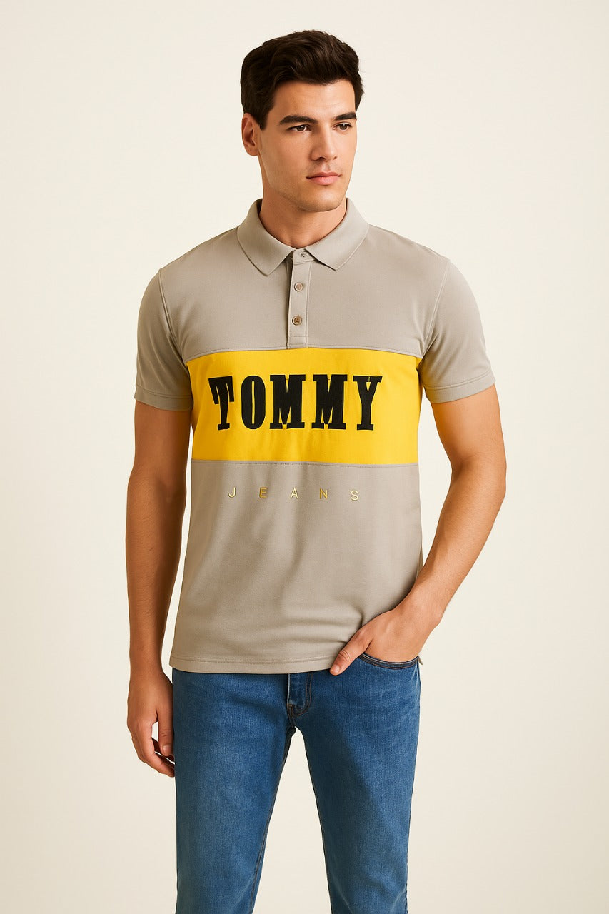 Tommy Jeans Men’s Polo T-Shirt – Grey & Yellow