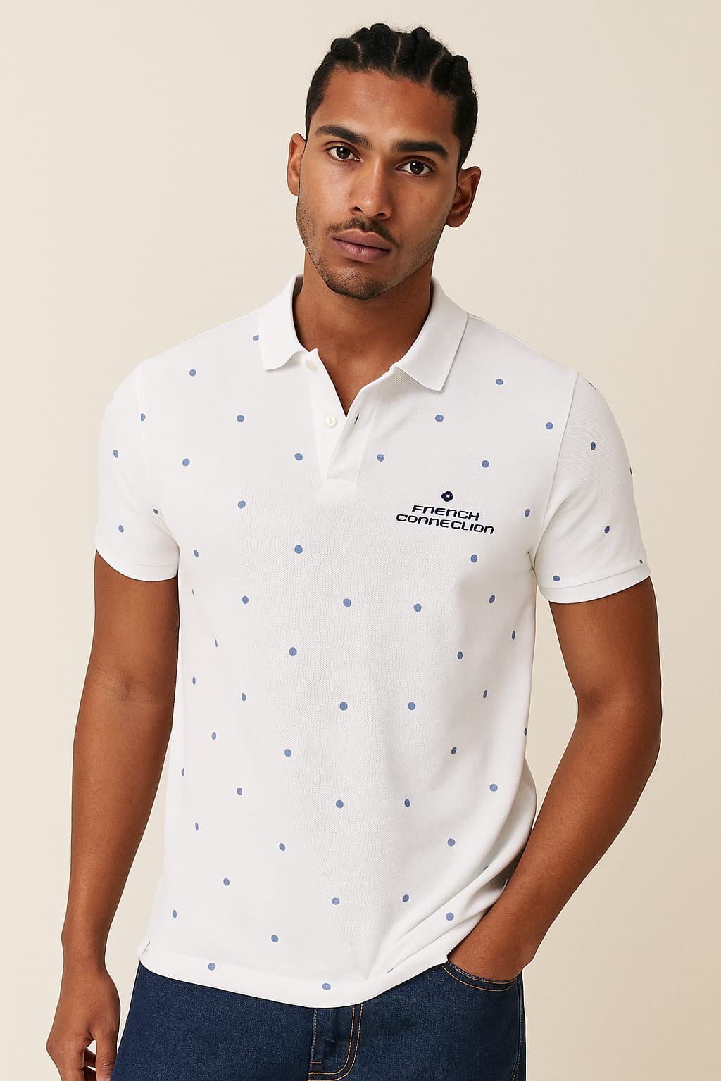 French Connection Polka Dot Polo Shirt – White & Blue