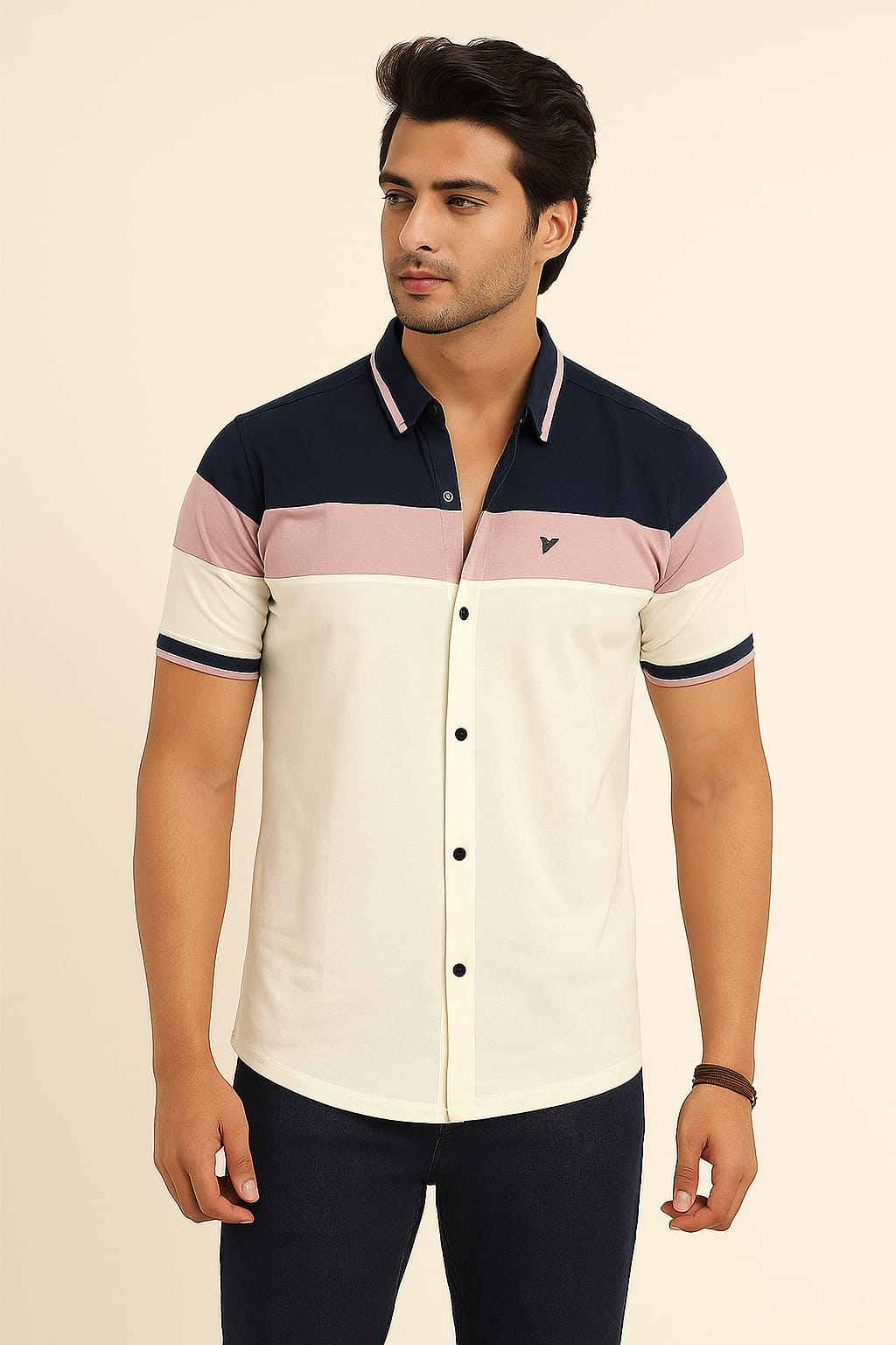 Colorblock Button-Down Casual Shirt – Navy, Pink & White