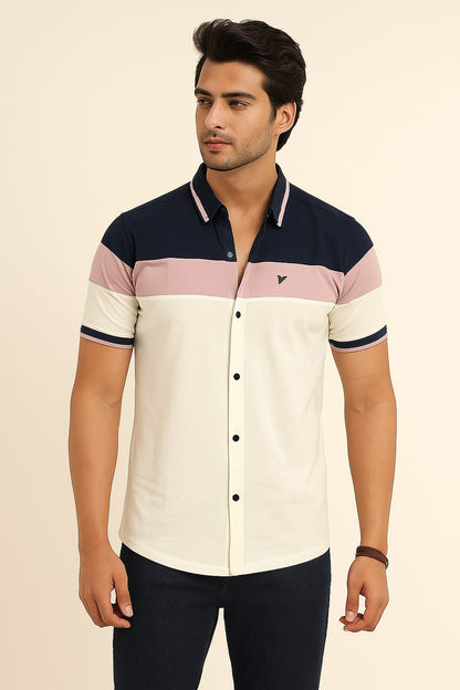 Colorblock Button-Down Casual Shirt – Navy, Pink & White