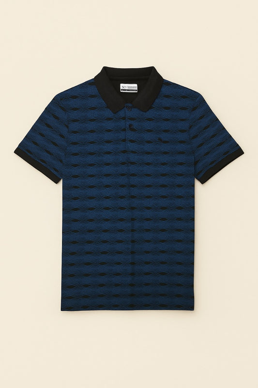 Men’s Patterned Polo T-Shirt – Navy Blue & Black