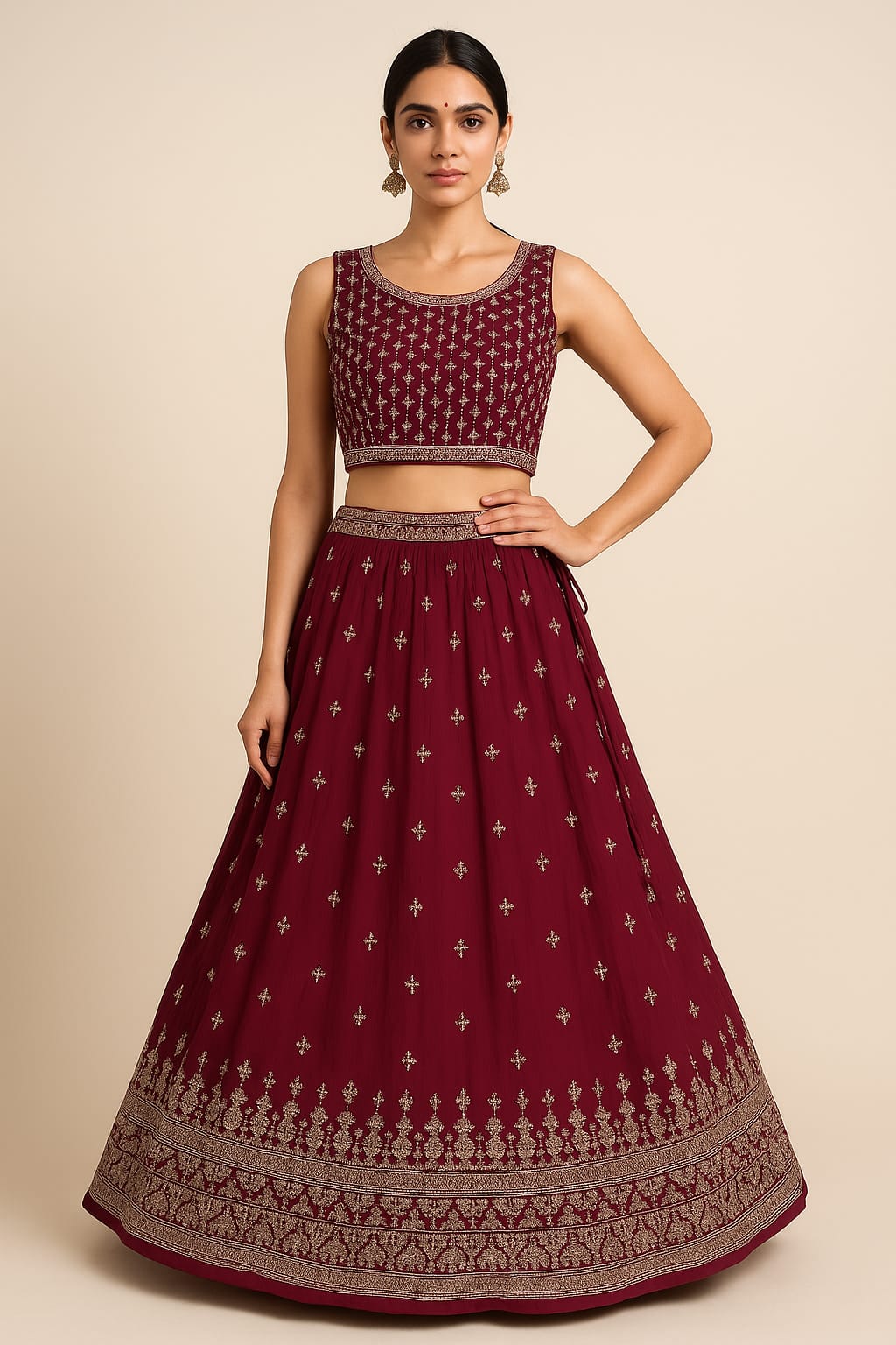 Maroon Embroidered Sleeveless Lehenga Set