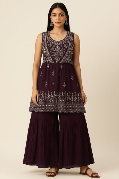 Velvet Bloom Maroon Sharara Set